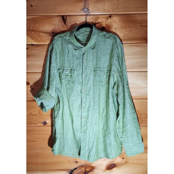 Ocean & Coast Men’s XL 100% Green Linen Button Up Shirt Rolled Long Sleeve - Picture 7 of 9